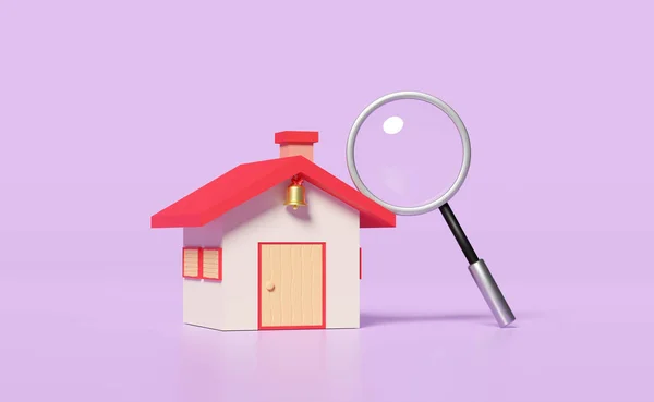 红色房子 有放大镜 隔离在紫色背景上 网上购物 搜索数据概念 3D插图 3D渲染 — 图库照片