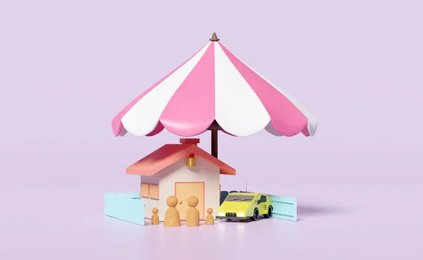 房子与木制娃娃形象家庭 汽车隔离紫色背景 快乐的家庭 抵押贷款概念 3D说明 3D渲染 — 图库照片