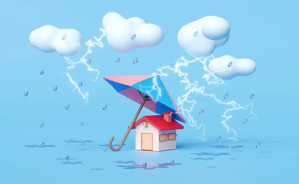 Casa Con Sombrilla Nube Gota Agua Lluvia Trueno Aislado Sobre — Foto de Stock