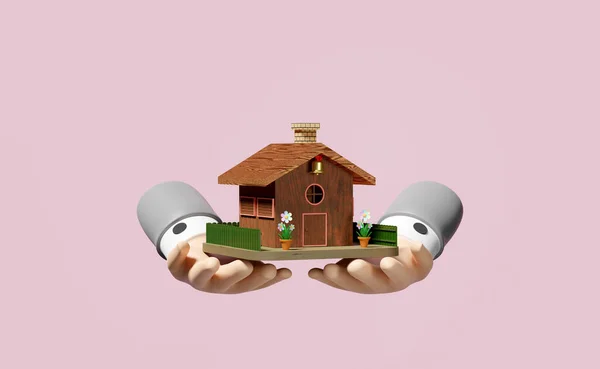 Biznesmen Ręce Gospodarstwa Model Drewniany Dom Doniczką Ogrodzenie Izolowane Różowym — Zdjęcie stockowe