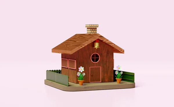 Casa Madeira Modelo Com Vaso Flores Cerca Isolada Fundo Rosa — Fotografia de Stock