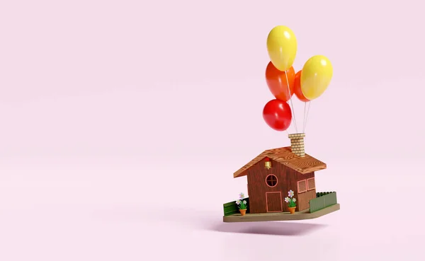 三维模型木制房屋与气球 栅栏隔离粉红色背景 概念3D说明 3D渲染 — 图库照片