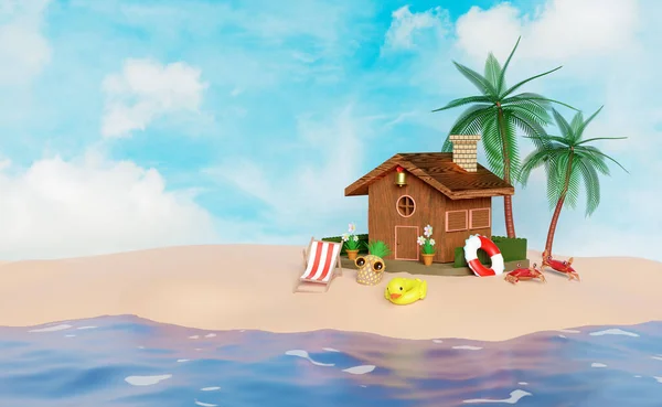 Zomer Reizen Concept Met Houten Huis Palmboom Reddingsboei Zee Ananas — Stockfoto