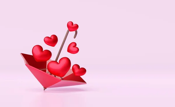 Roztomilý Valentýn Červené Srdce Chránit Deštníkem Izolované Růžovém Pozadí Koncept — Stock fotografie