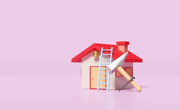 红色房子玩具 有锤子 梯子或楼梯 与粉色背景隔离 维修概念 3D说明 3D渲染 — 图库照片