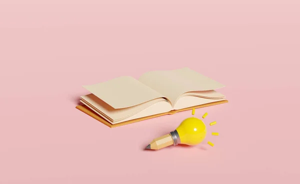Žlutá Žárovka Tužkou Otevřená Kniha Izolovaná Růžovém Pozadí Idea Tip — Stock fotografie