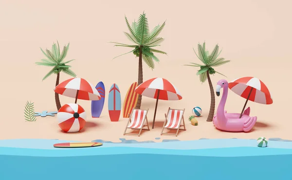 Letní Pláž Plážovou Židlí Míč Nafukovací Plameňák Slunečník Kokosový Ořech — Stock fotografie