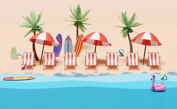 Летний Пляж Пляжным Креслом Мяч Надувной Фламинго Зонтик Кокосовое Дерево — стоковое фото