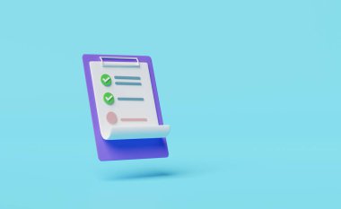 beyaz pano kontrol listesi kağıdı, mavi arkaplanda kalem izole. Proje planı, iş stratejisi konsepti, 3D illüstrasyon, 3D canlandırma