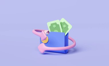 3 boyutlu cüzdan ve mor arka planda izole edilmiş para banknotu. para biriktirme işi, nakit para iadesi konsepti, 3D çizim