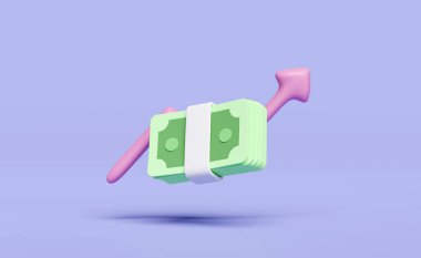 Pembe oklu banknot yığını simgesi mor arka planda izole edilmiş. ekonomik hareketler veya işletme finansmanı, büyüyen kavram, 3d illüstrasyon veya 3d canlandırma