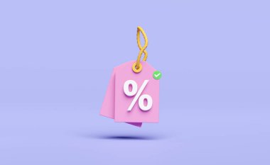 İnternetten alışveriş için 3D indirim simgesi mavi arka planda izole edilmiş. Fiyat etiketleri kuponu, pazarlama primleri konsepti, 3D resimleme 