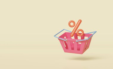 Sarı arka planda pembe alışveriş arabaları ya da sepeti olan online alışveriş için 3D indirim ikonu. pazarlama promosyon primleri konsepti, 3D resimleme 