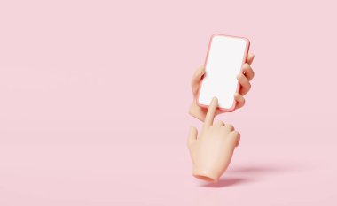 3 boyutlu akıllı telefon pembe arka planda izole edilmiş. Cep telefonu kullanan el, ekran telefon şablonu, boş ekran telefon modeli, minimal konsept, 3D resimleme 