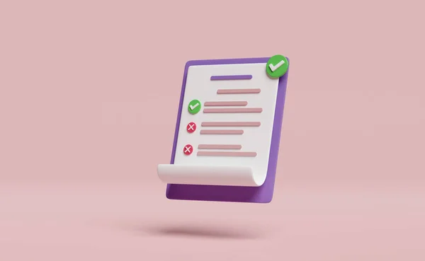 Фиолетовый Буфер Обмена Белый Контрольный Лист Бумаги Проверкой Изолированы Розовом — стоковое фото