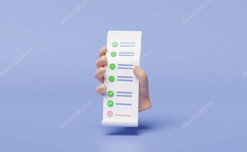 3d hand holding bill receipt paper isolated on blue background. invoice, electronic bill, minimal concept, 3d render illustration