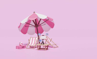 3D summer travel with mobile phone, smartphone, tripod, suitcase, beach chair, umbrella, ball isolated on pink background. online video live streaming, notification concept, 3d render illustration clipart