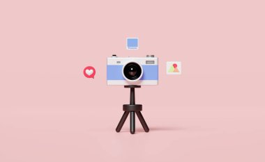 Pembe arka planda üç ayaklı kamera ikonlarına sahip üç boyutlu sosyal medya. çevrimiçi video canlı yayın, iletişim uygulamaları, bildirim mesajı konsepti, 3D görüntüleme