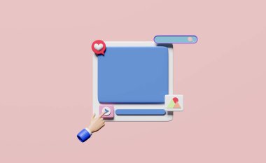 Oyun simgeleri, arama çubuğu, fotoğraf çerçevesi, aşk baloncukları sohbeti, pembe arka planda izole edilmiş üç boyutlu sosyal medya veya iletişim platformu. 3d resimleme