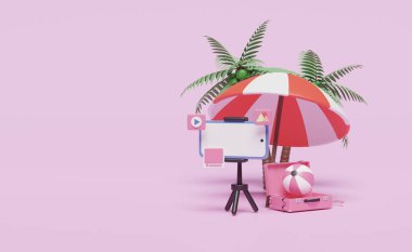 3D social media summer travel with mobile phone, smartphone, tripod, suitcase, umbrella, ball isolated on pink background. online video live streaming, notification concept, 3d render illustration clipart