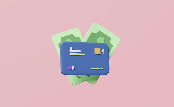 3d credit card icon with money banknote isolated on pink background. online shopping, saving money, online payment, business finance, cashless concept,  3d render illustration