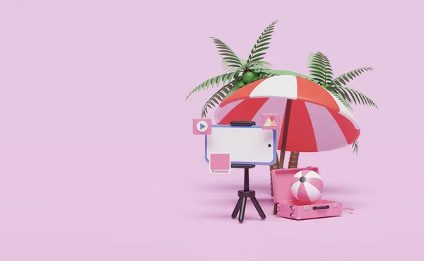 携帯電話 スマートフォン スーツケース ピンクの背景に孤立したボールと3Dソーシャルメディアの夏の旅行 オンラインビデオライブストリーミング 通知コンセプト 3Dレンダリングイラスト — ストック写真