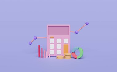 Bozuk para yığınlı üç boyutlu hesap makinesi simgesi, mor arkaplanda izole edilmiş grafikler. Analizler finansal risk kavramını hesaplıyor, 3D resimleme