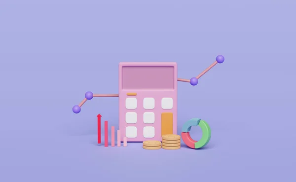 3D计算器图标与硬币堆栈 图表孤立在紫色背景 金融风险概念的解析计算 3D演示 — 图库照片
