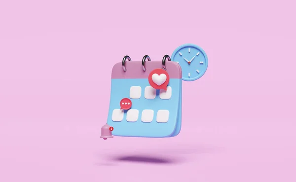 3D日历与时钟 聊天气泡图标 标记日期 通知铃隔离粉红色背景 预约时间概念 3D说明 — 图库照片