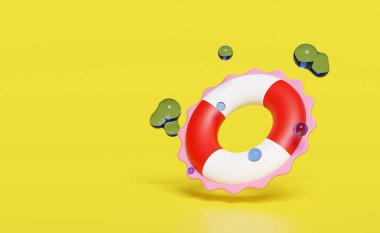 Su güvenliği için 3D kırmızı can simidi, sarı arka planda su sıçraması. Yaz seyahati konsepti, 3D resimleme