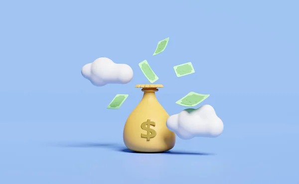 Dinheiro Sacos Dólares Com Nota Flutuante Nuvem Isolada Fundo Azul — Fotografia de Stock