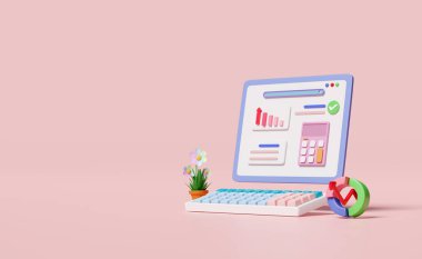 3D mali rapor çizelgeleri ve arama çubuğuyla laptop ekranında grafikler, pembe arkaplanda izole hesap makinesi. Çevrimiçi pazarlama, iş stratejisi, veri analizi, konsept, 3D resimleme 