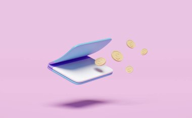 3D banka hesap defteri, pembe arka planda izole edilmiş para dolu bir hesap cüzdanı. Tasarruf, finans sektörü, bankacılık ödemesi, asgari konsept, 3D resimleme
