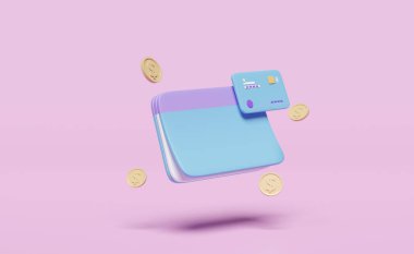 3D banka hesap defteri, içinde para olan hesap defteri, pembe arka planda izole edilmiş kredi kartı. Tasarruf, finans sektörü, bankacılık ödemesi, asgari konsept, 3D resimleme