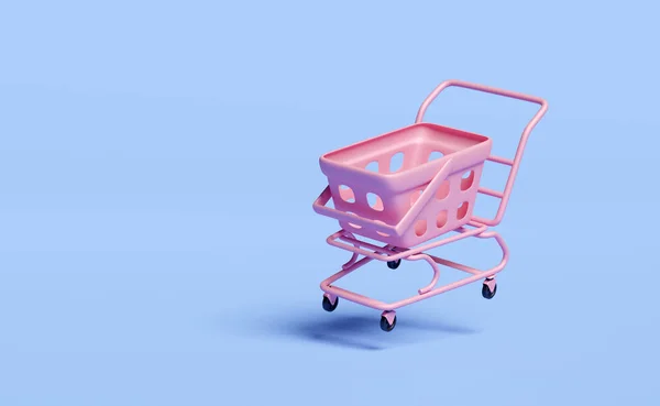 Shopping Cart Pink Basket Empty Space Isolated Blue Background Minimal —  Fotos de Stock