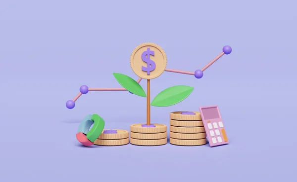 3D堆硬币与树 计算器分离在紫色粉刷背景 财务成功与增长或储蓄概念 3D说明 — 图库照片