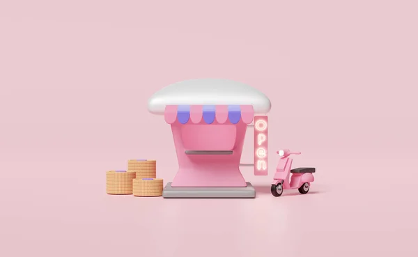 3D建筑商店咖啡店与美元硬币堆栈 开放的标志 滑板车隔离粉红背景 创业特许经营概念 3D渲染说明 — 图库照片