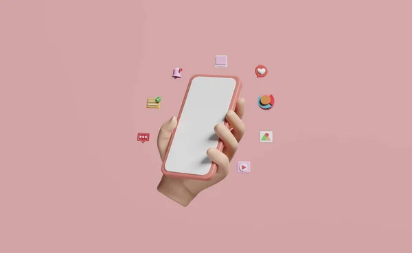 3D社交媒体与手持手机 智能手机图标隔离粉红背景 在线社交 通信应用 最小模板概念 3D演示 — 图库照片