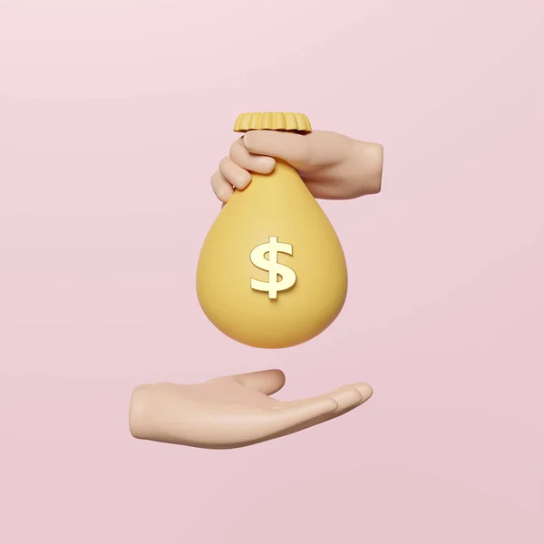Cartoon Hands Holding Money Bag Isolated Pink Background Quick Credit — 스톡 사진
