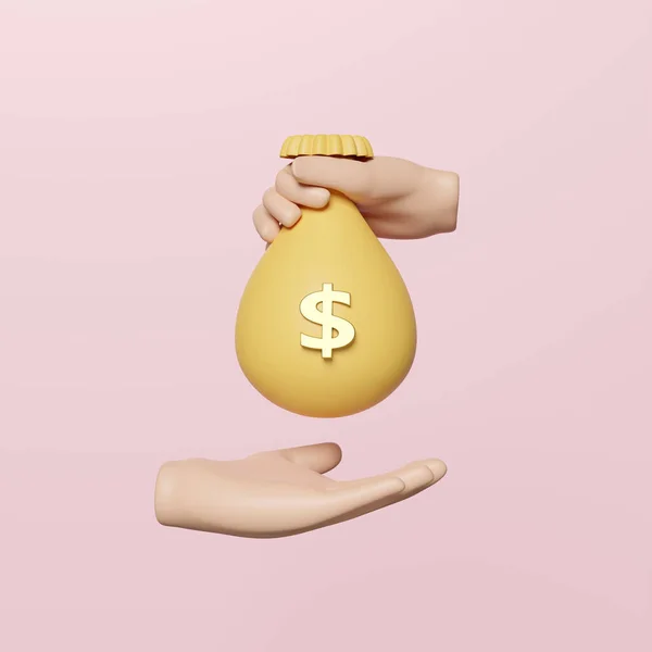 Cartoon Hands Holding Money Bag Isolated Pink Background Quick Credit — стоковое фото