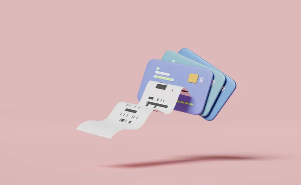3D信用卡与发票 纸质收据 电子帐单支付分离粉红背景 3D渲染说明 — 图库照片