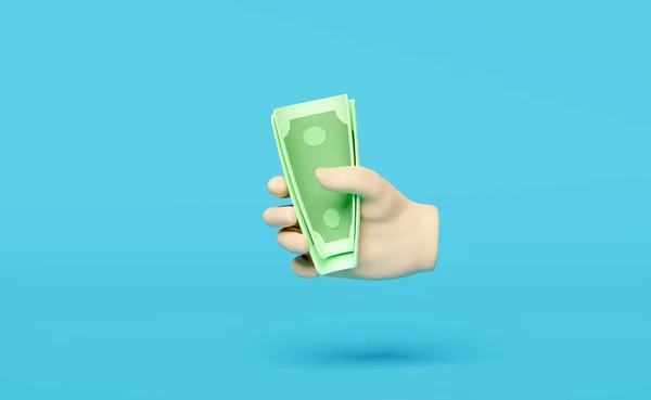 3D漫画の手は青の背景に隔離された紙幣のアイコンを保持する クレジット承認や融資承認のコンセプト3Dレンダリングイラスト — ストック写真
