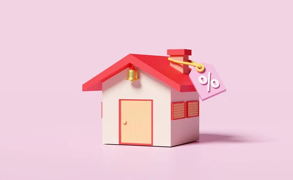 3D打折销售图标与红房子 价格标签优惠券隔离粉红背景 促销奖金概念 3D渲染说明 — 图库照片
