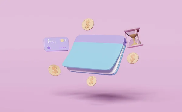 3d bank account book, passbook with money dollar coin, credit card, hourglass isolated on pink background. saving money, financial business, banking payment, minimal concept, 3d render illustration