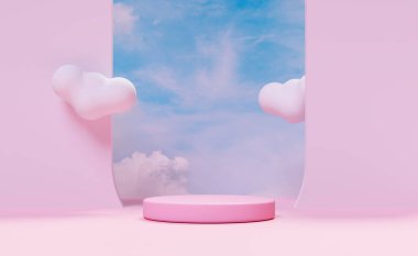 3D pembe silindir sahne podyumu bulutlu, mavi gökyüzü, soyut geometrik kozmetik vitrin kaidesi pembe arka plan. asgari modern sahne, 3D resimleme 