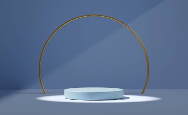 3d mavi silindir sahne podyumu, gölgeli, soyut geometrik kozmetik vitrin kaidesi gri arka plan. asgari modern sahne, 3D resimleme 
