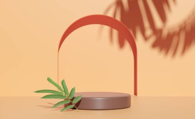 3D kahverengi silindir sahne podyumu, gölgesi, mavi gökyüzü, soyut geometrik kozmetik vitrin kaidesi turuncu arka planı ile boş. asgari modern sahne, 3D resimleme 
