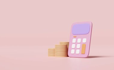 3 boyutlu pembe hesap makinesi simgesi ve pembe arka planda izole edilmiş muhasebe finansmanı için madeni para yığını. asgari konsept 3d görüntüleme 