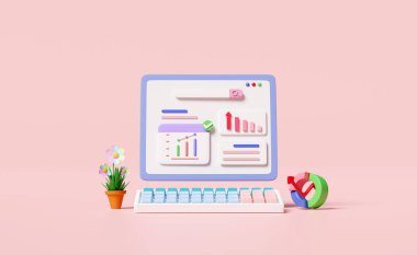3d financial report charts and graph on laptop computer screen with search bar isolated on pink background. Online marketing, business strategy, data analysis, concept, 3d render illustration 