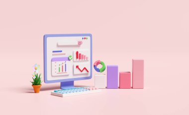 3d financial report charts and graph on laptop computer screen with search bar isolated on pink background. Online marketing, business strategy, data analysis, concept, 3d render illustration 